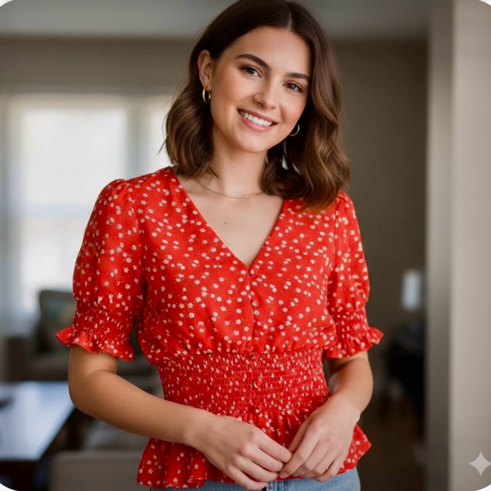 Sienna Sky Red Blouse with Flutter Sleeves and Smocked Peplum